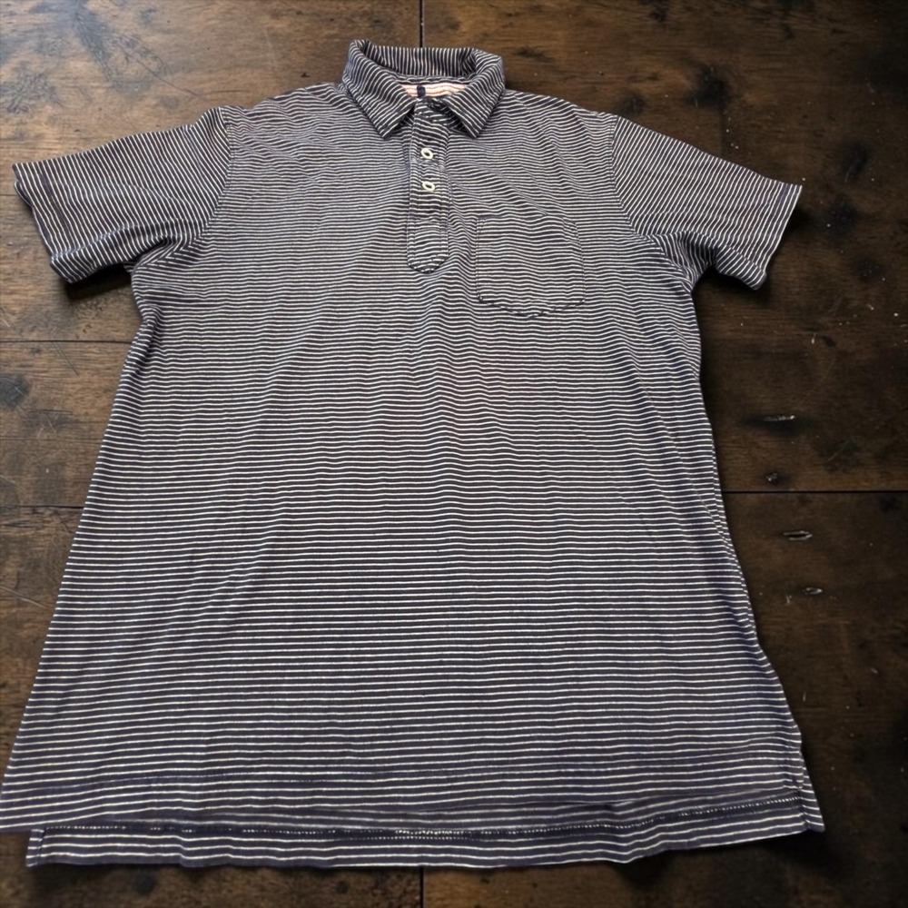 Relwen Polo Shirt Mens Medium Blue White Striped Short Sleeve Cotton Pocket